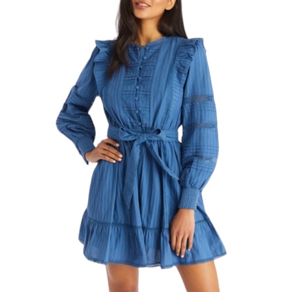 Allison NY Piper Lace Ruffle Tie Waist Mini Dress - Provincial Cornflower Blue S - Picture 1 of 14